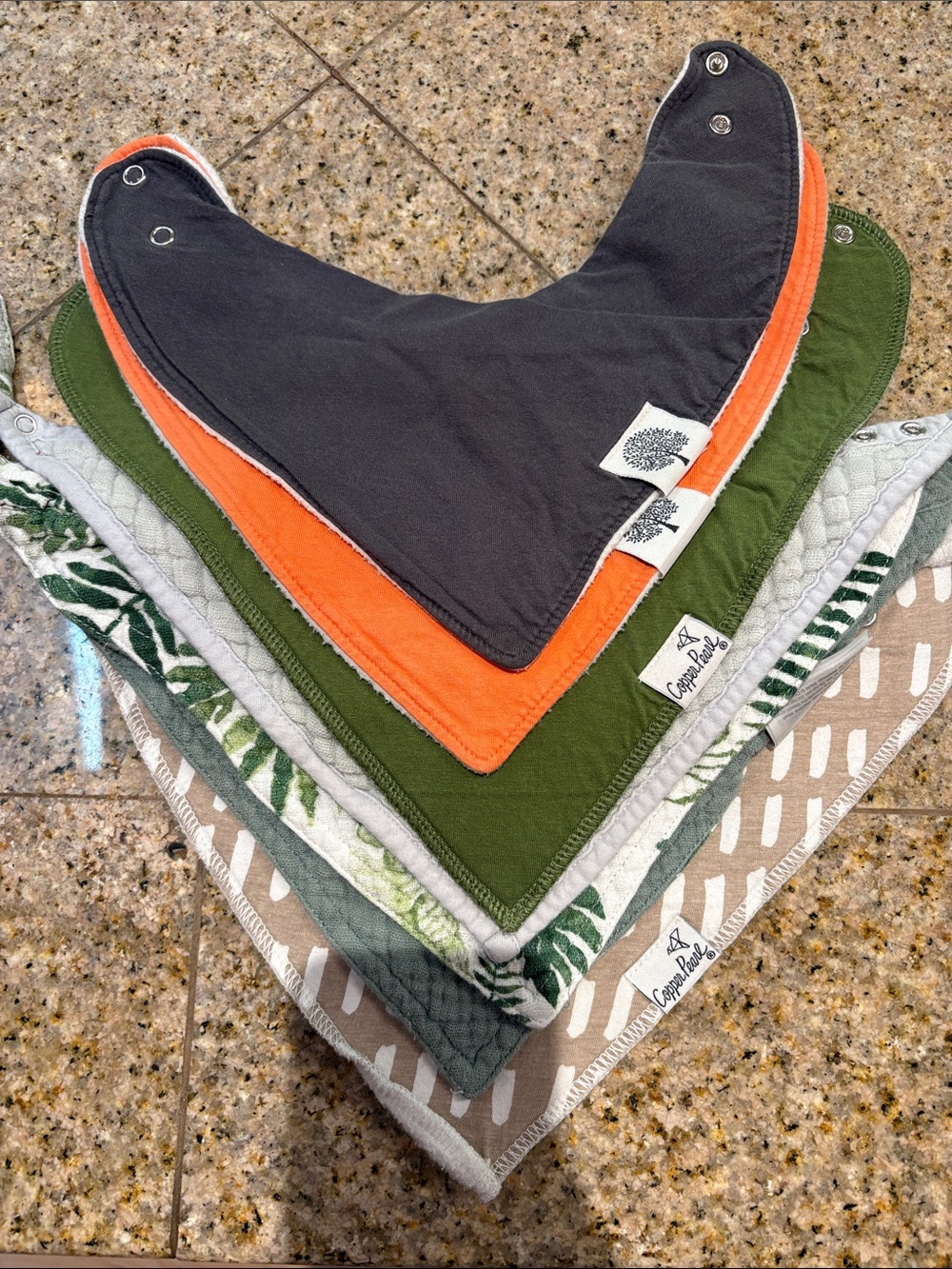 Copper Pearl Baby Bandana Bibs - Gray, Orange, Olive (7- Pack)